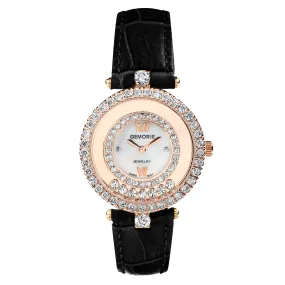 128942-BLK Gemorie Black Round Rose Gold Plating Crystal Leather Watch 