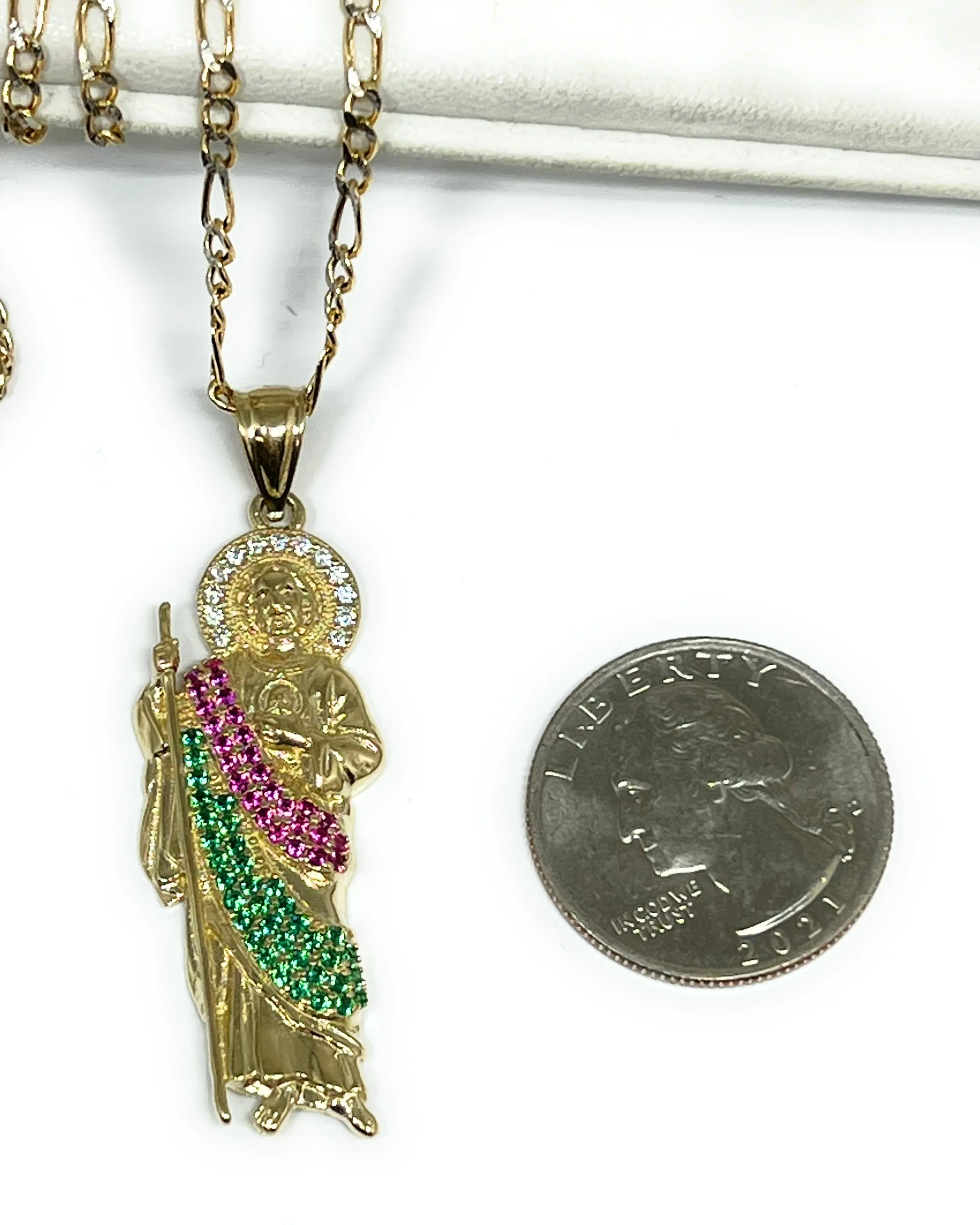 14k Solid Gold Yellow White, Green, Red CZ Saan Judas Saaint Jude Pendant with Chain Optional (SMALL)