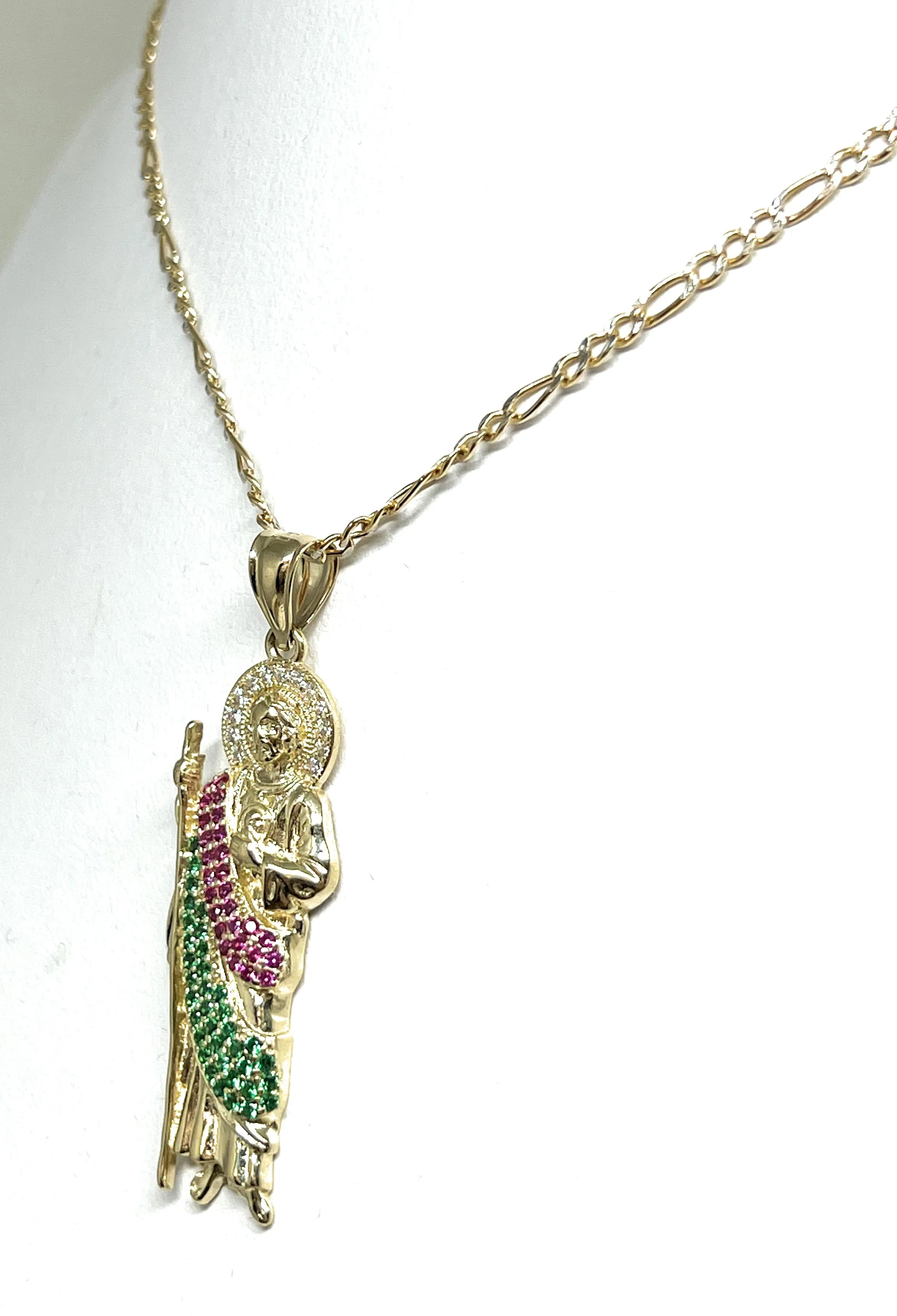 14k Solid Gold Yellow White, Green, Red CZ Saan Judas Saaint Jude Pendant with Chain Optional (SMALL)