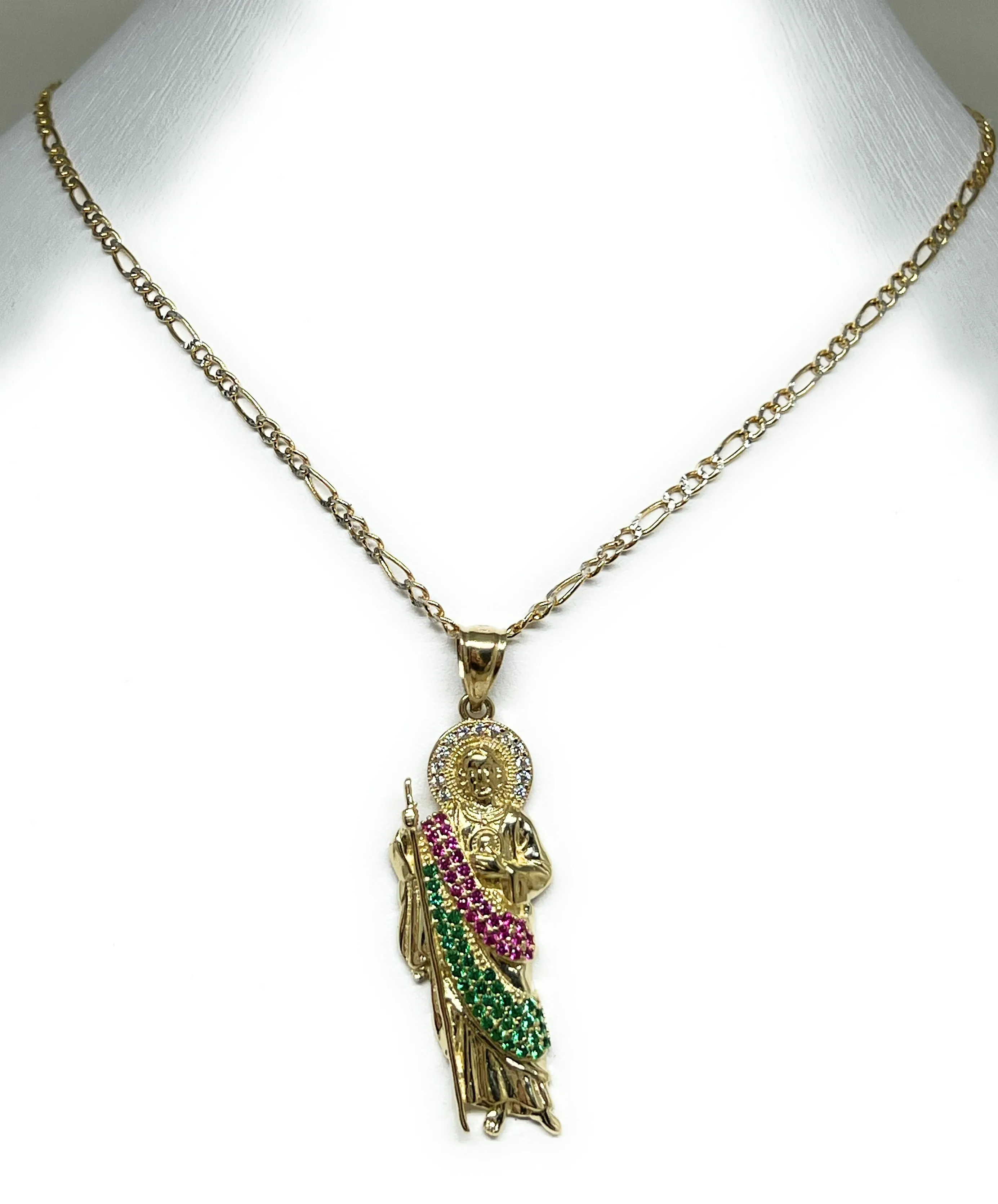 14k Solid Gold Yellow White, Green, Red CZ Saan Judas Saaint Jude Pendant with Chain Optional (SMALL)