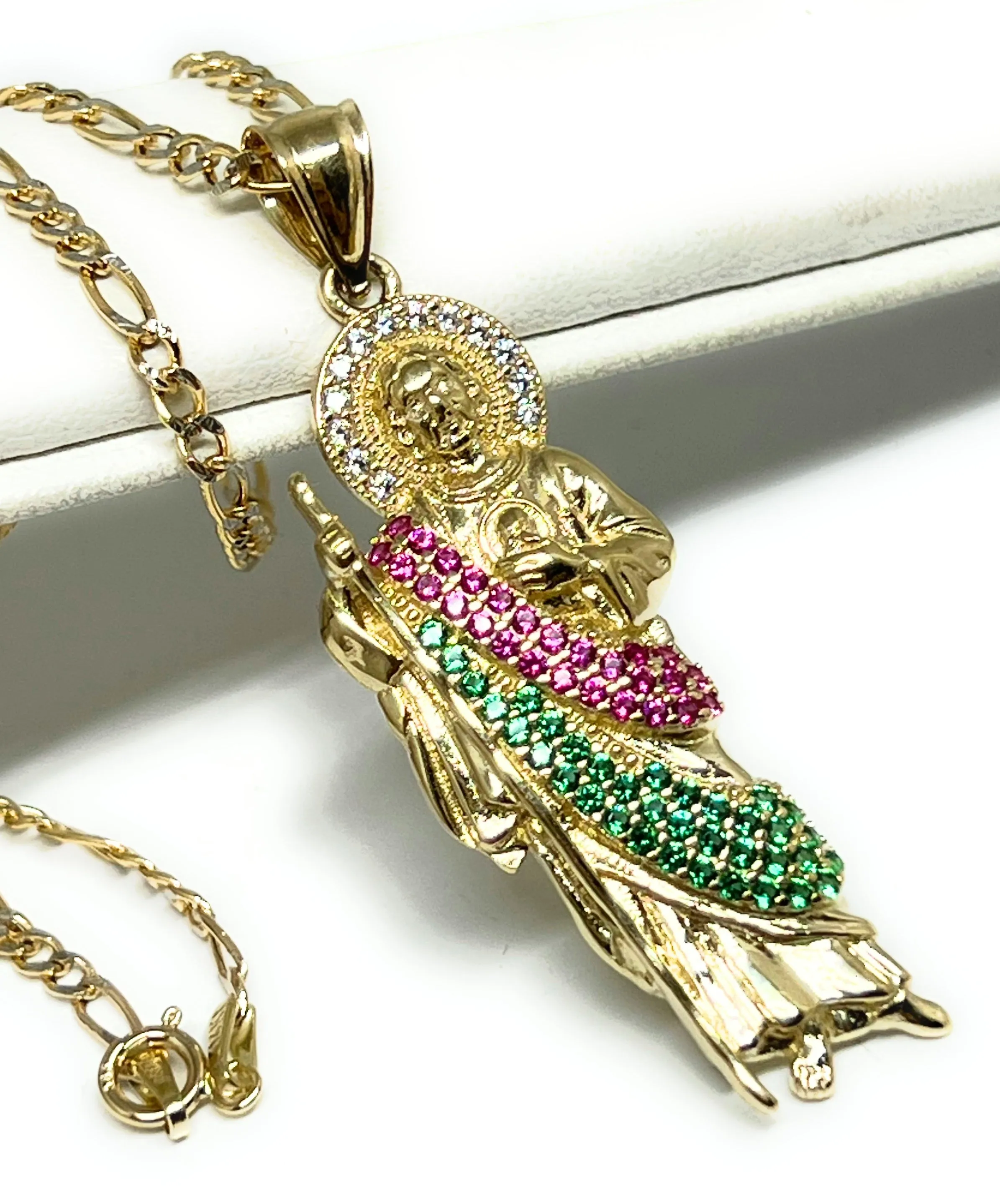 14k Solid Gold Yellow White, Green, Red CZ Saan Judas Saaint Jude Pendant with Chain Optional (SMALL)