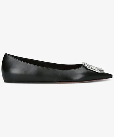 Amina Muaddi Womens Blk/White Camelia crystal-buckle leather flats