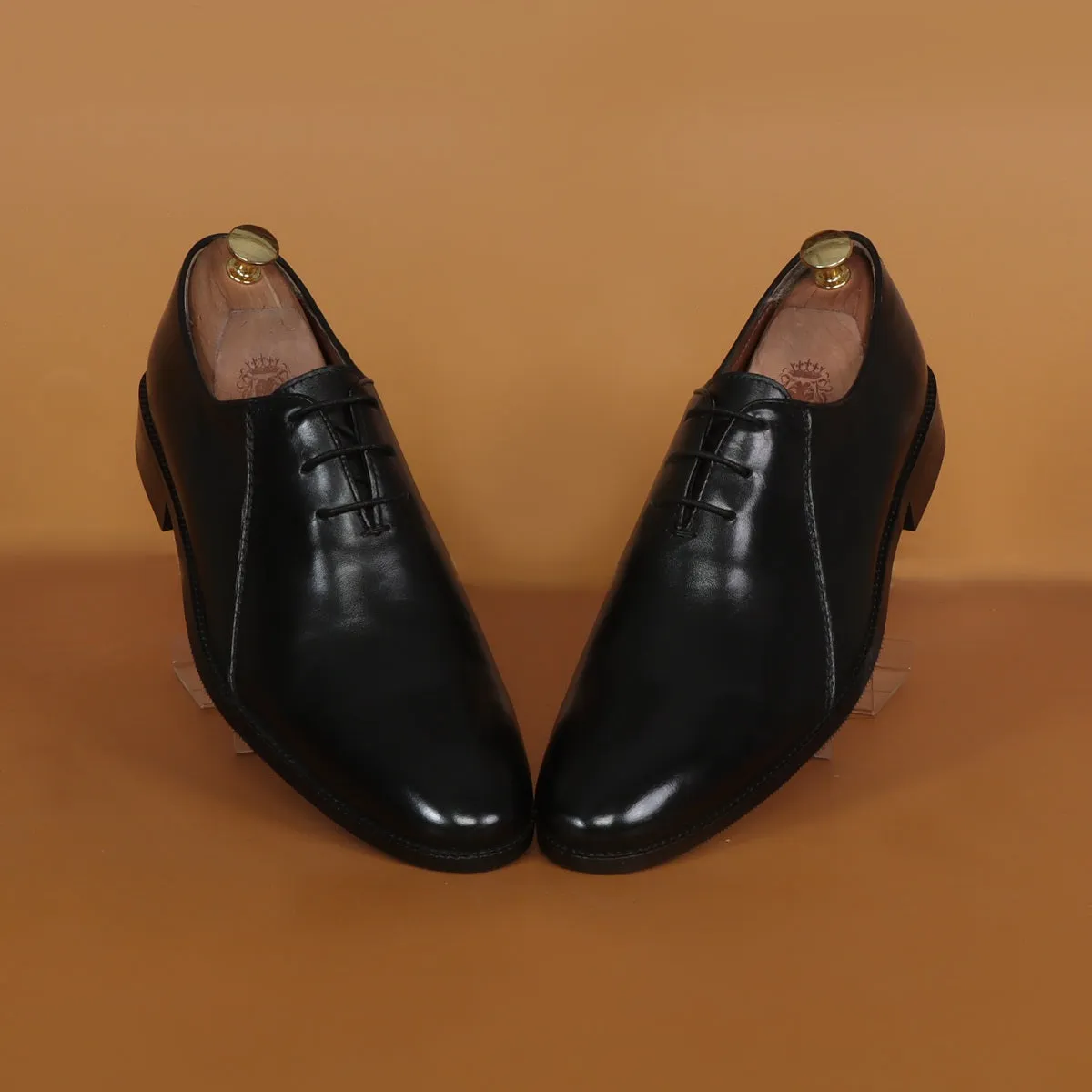 Black Merged Look Leather Lace Up Oxfords