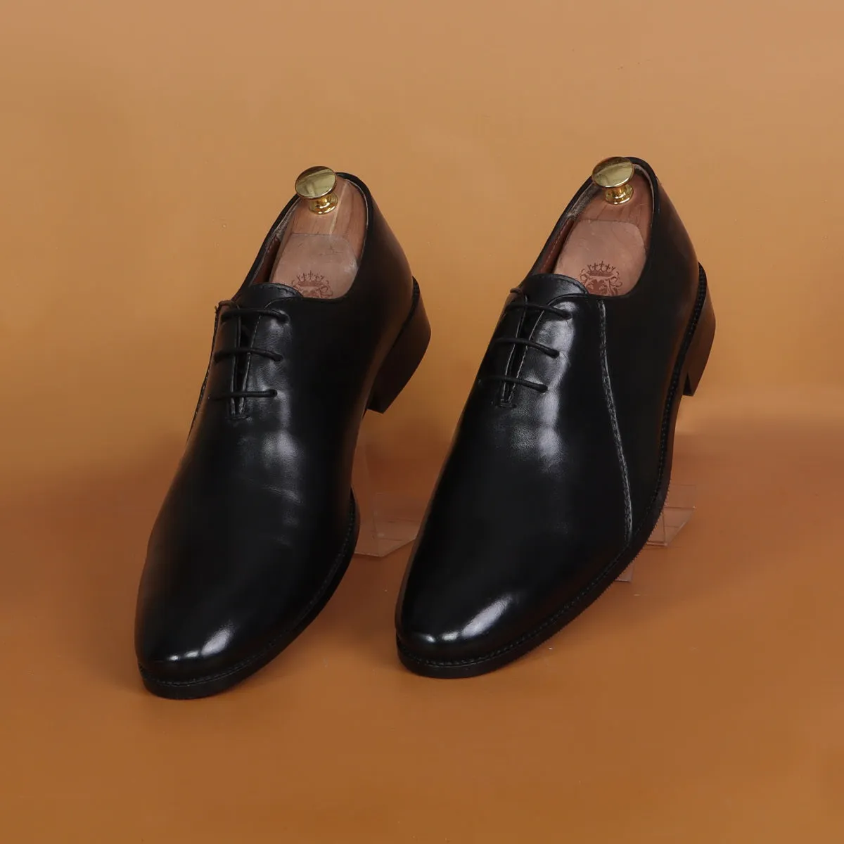 Black Merged Look Leather Lace Up Oxfords