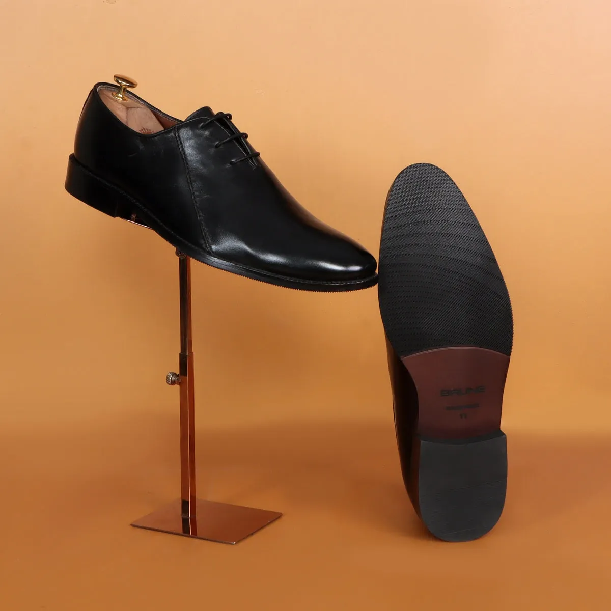 Black Merged Look Leather Lace Up Oxfords