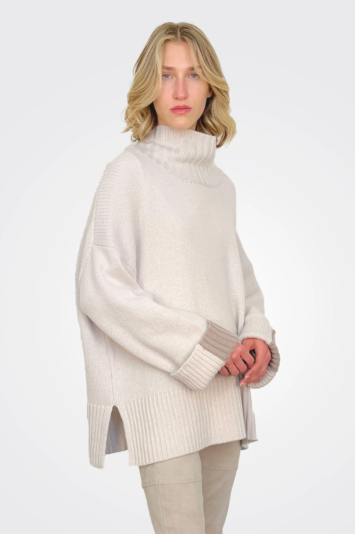 Cashmere Roll Neck Color Block Sweater - Chalk