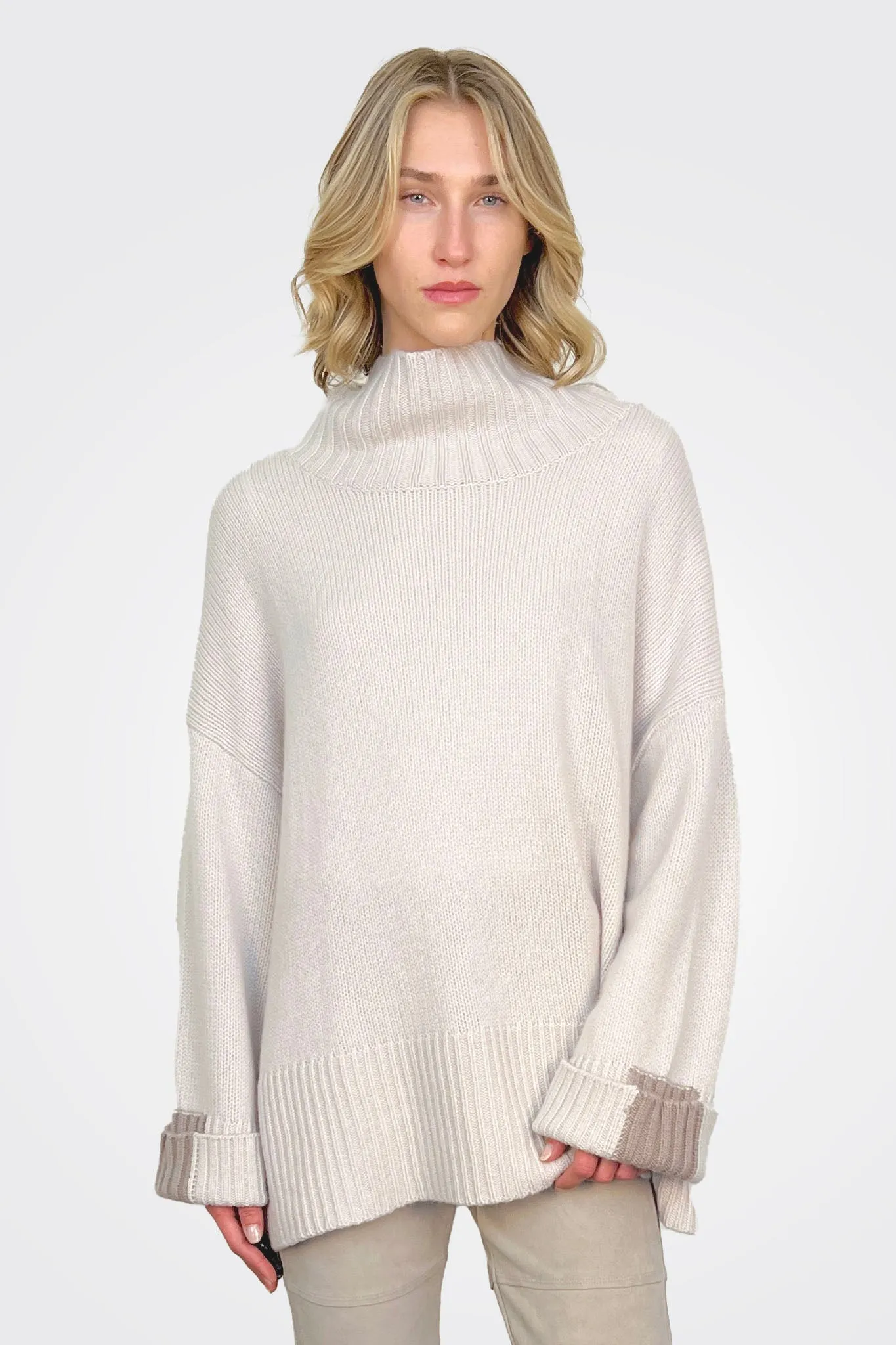 Cashmere Roll Neck Color Block Sweater - Chalk