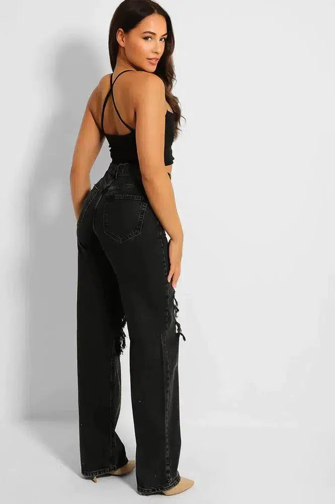 Charcoal Black Ripped Front Asymmetric Zip Wide Leg Jeans