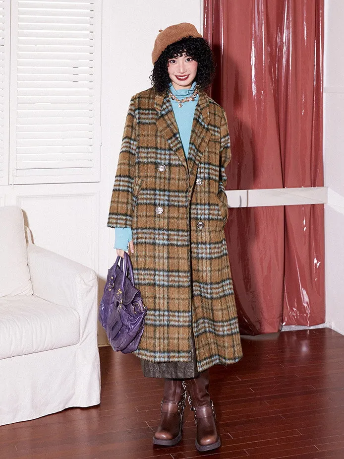 Checked Wool Retro Casual Long-Coat