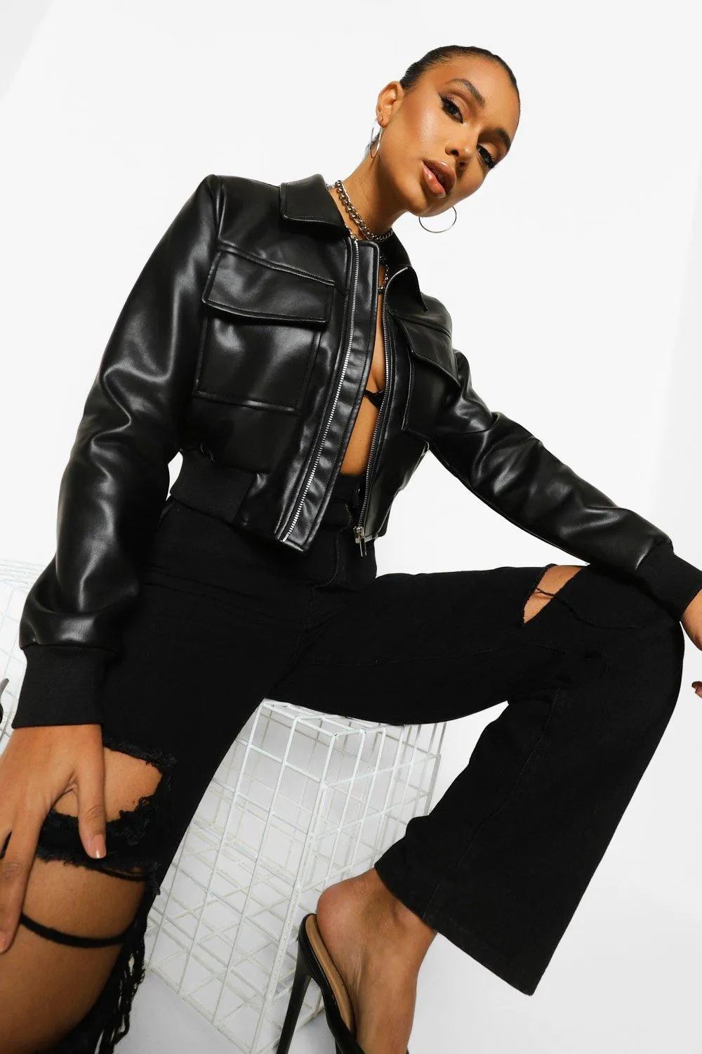 Crop Pocket Detail Faux Leather Bomber Jacket