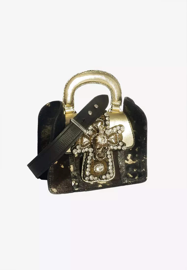 CSHEON Skull Gem Pony Fur Leather Bag With Handle Genuine Calfskin Leather by CSHEON - Crossbody or handbag