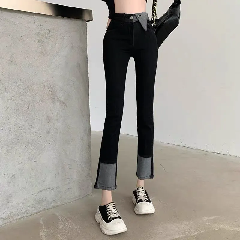 Designed splicing jeans for women 2023 spring high-waisted slimming Korean style boot-cut pants high-end light luxury versatile 