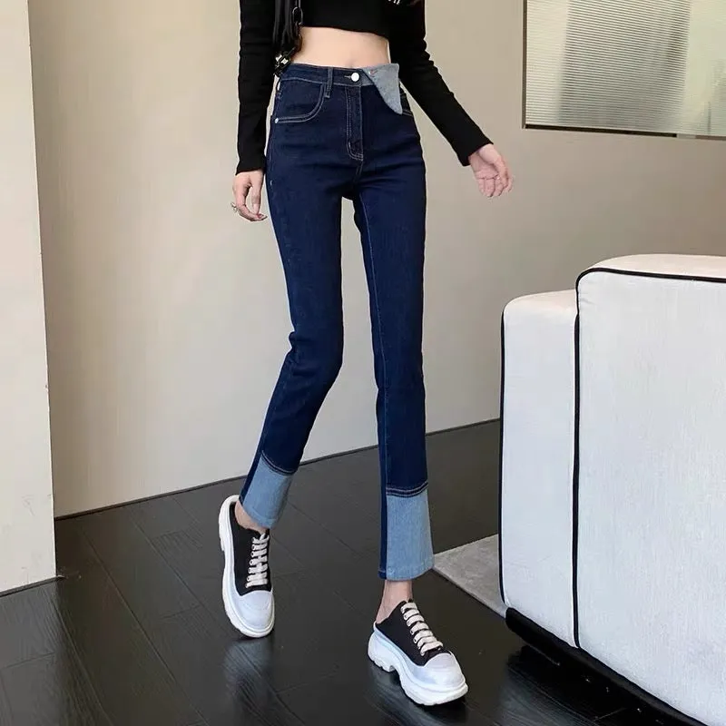 Designed splicing jeans for women 2023 spring high-waisted slimming Korean style boot-cut pants high-end light luxury versatile 