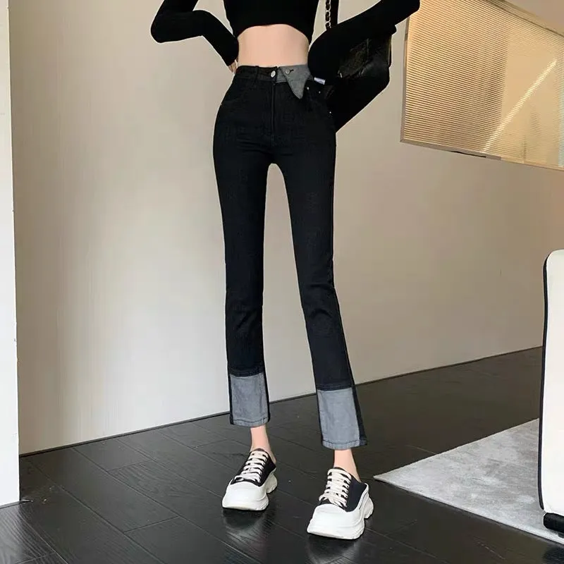 Designed splicing jeans for women 2023 spring high-waisted slimming Korean style boot-cut pants high-end light luxury versatile 