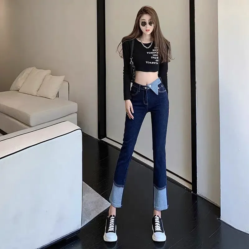 Designed splicing jeans for women 2023 spring high-waisted slimming Korean style boot-cut pants high-end light luxury versatile 