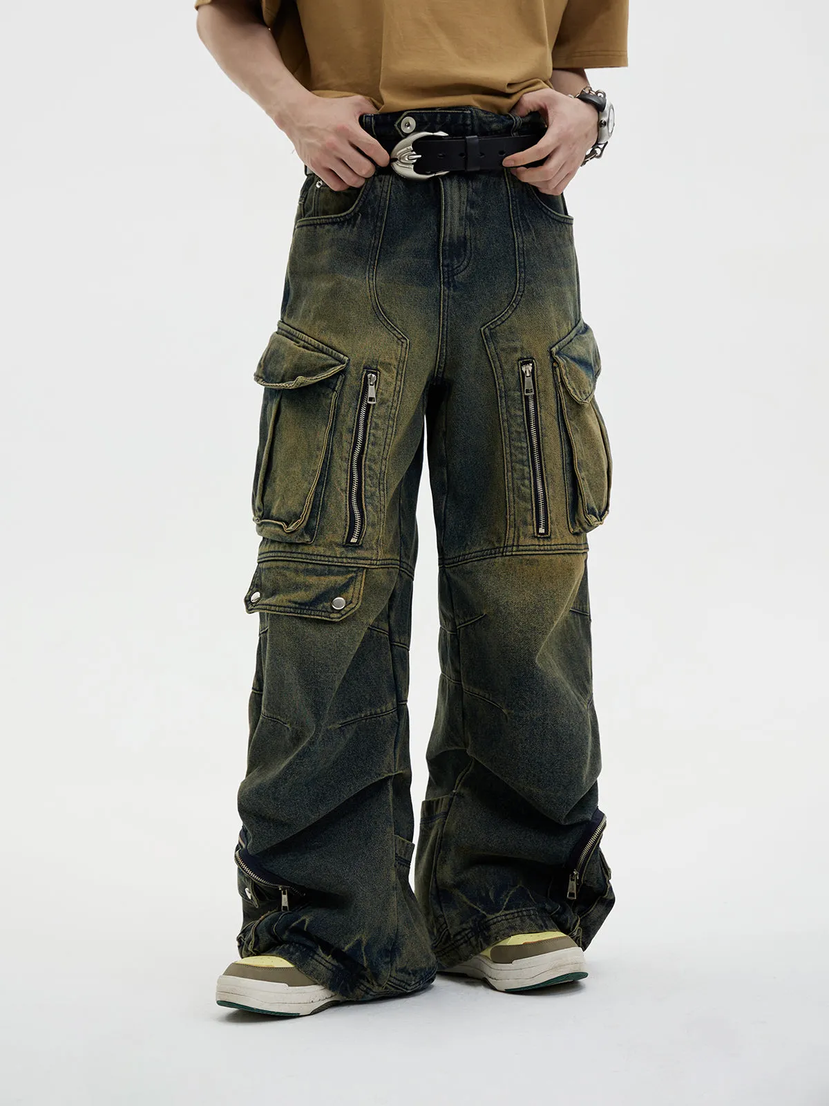 Distressed Multi-pocket Loose Wide-leg Cargo Jeans