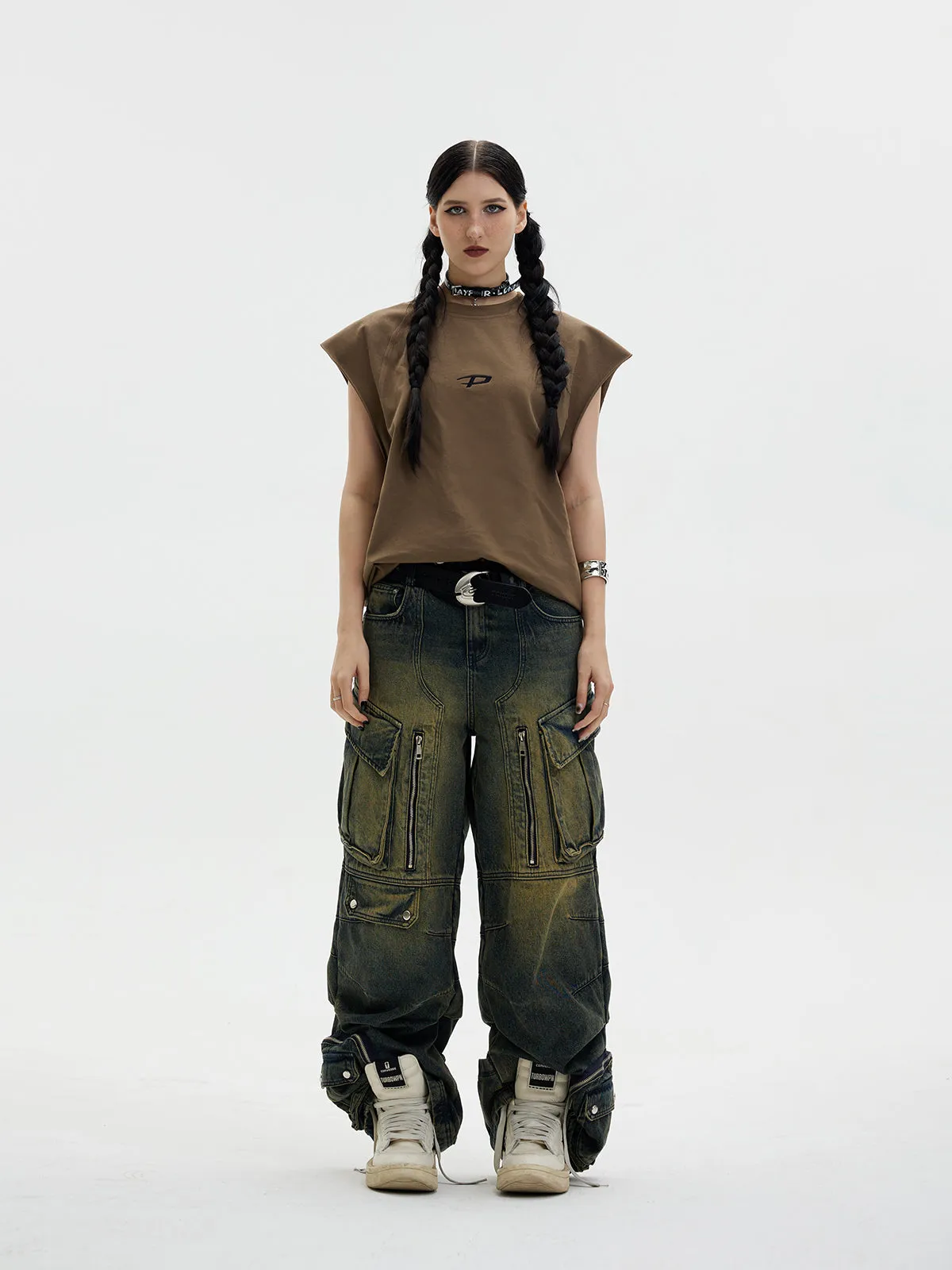 Distressed Multi-pocket Loose Wide-leg Cargo Jeans