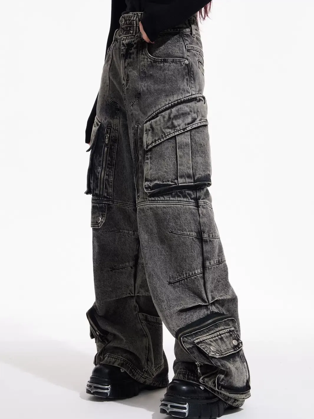 Distressed Multi-pocket Loose Wide-leg Cargo Jeans