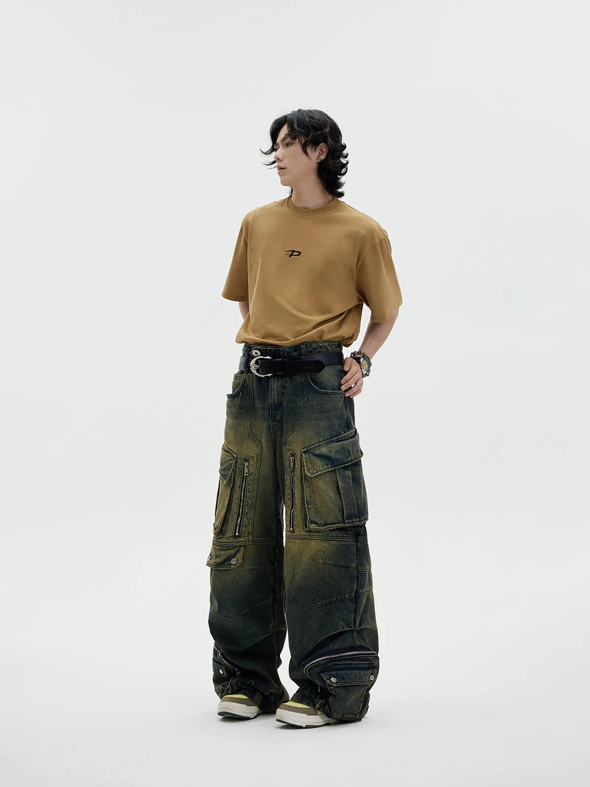 Distressed Multi-pocket Loose Wide-leg Cargo Jeans