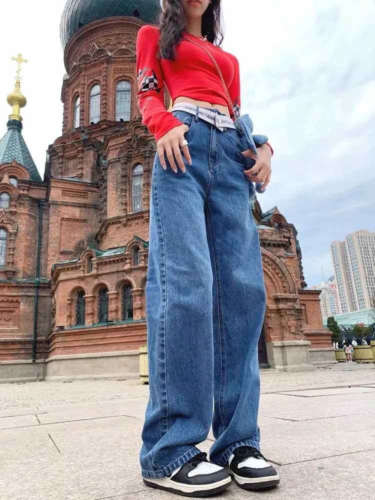 Earth Store American Retro Blue High Waist Straight Pants Women's Spring and Autumn New Style Chic Design Jeans for Small People