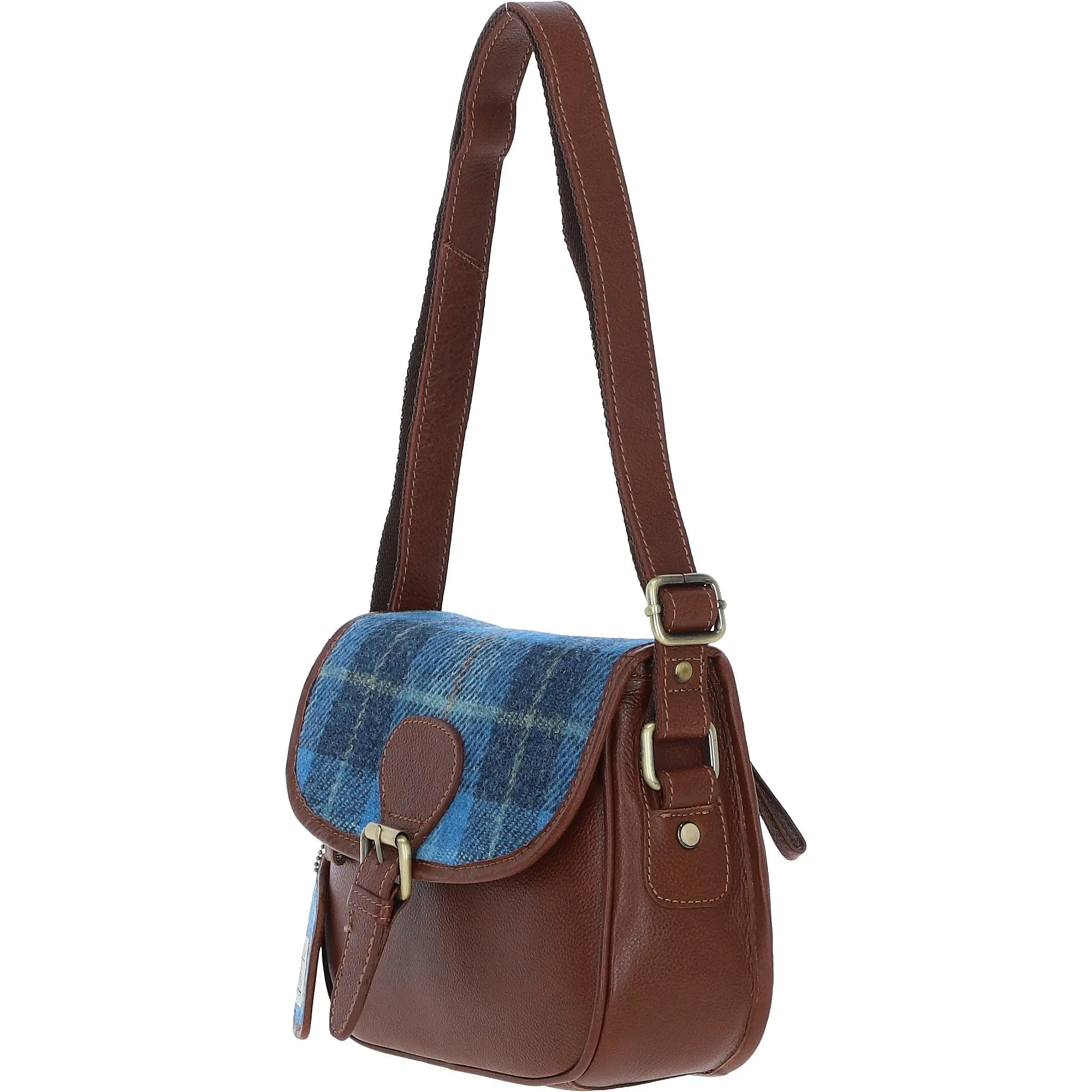 Elegant Ashwood Leather & Harris Tweed Crossbody Bag Tan/LT Blue: TW-27-05-TB