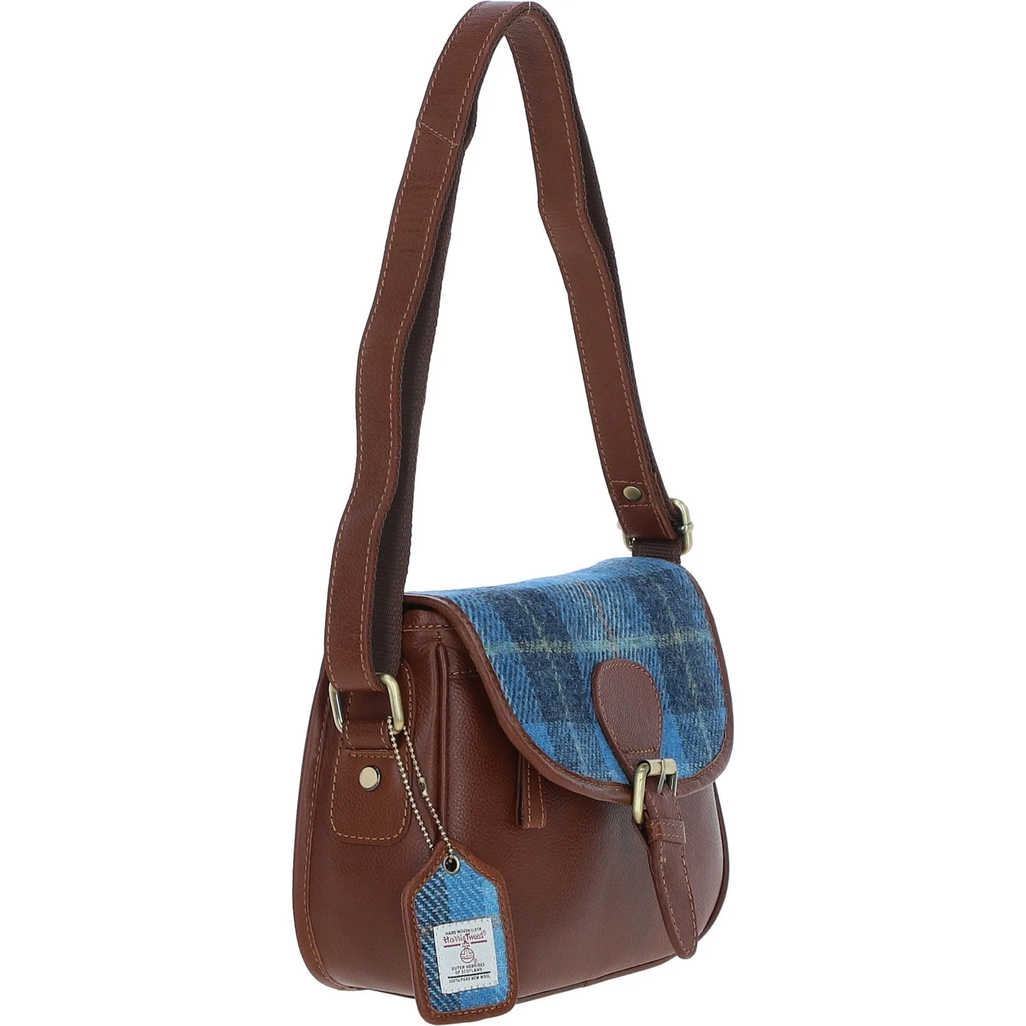 Elegant Ashwood Leather & Harris Tweed Crossbody Bag Tan/LT Blue: TW-27-05-TB