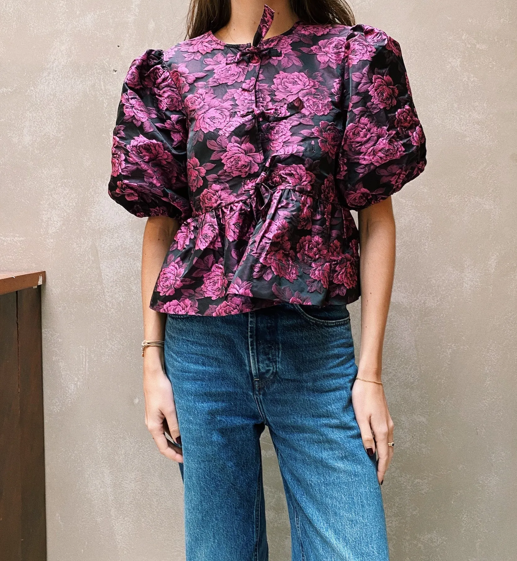 GANNI Botanical Jacquard Peplum Blouse