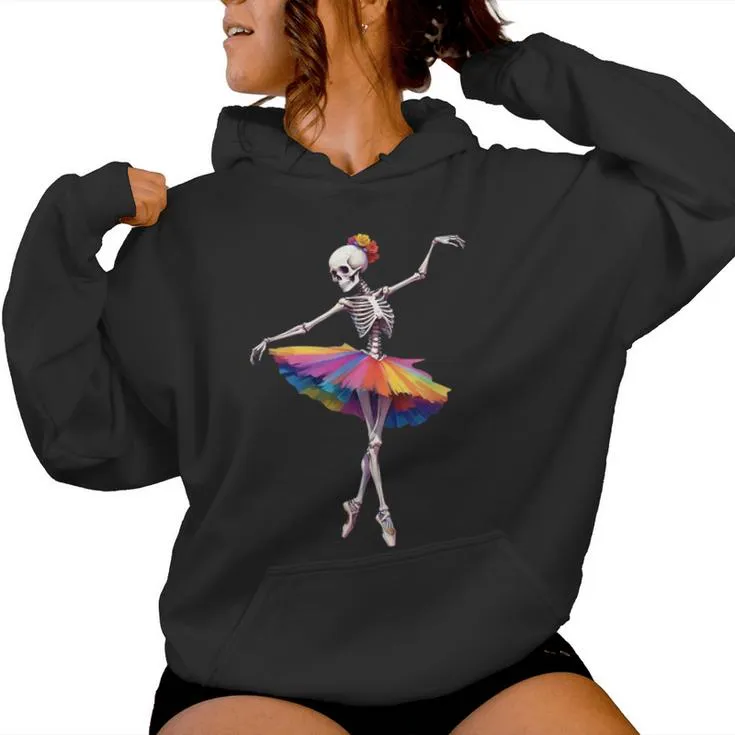 Girls Halloween Dancing Skeleton Rainbow Ballerina Women Hoodie