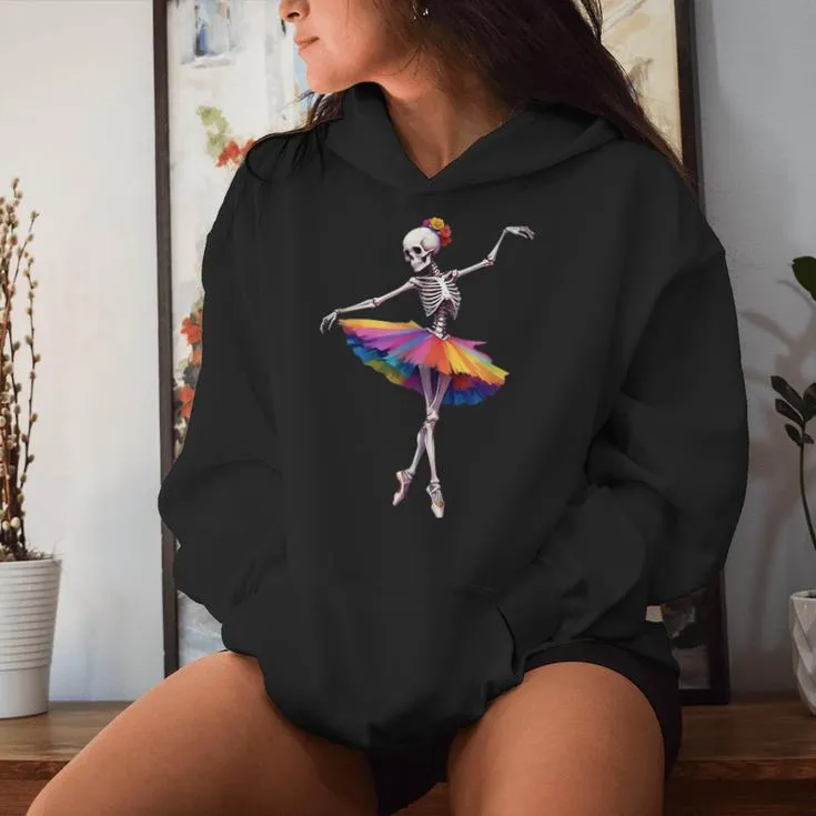 Girls Halloween Dancing Skeleton Rainbow Ballerina Women Hoodie