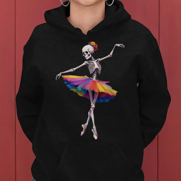 Girls Halloween Dancing Skeleton Rainbow Ballerina Women Hoodie