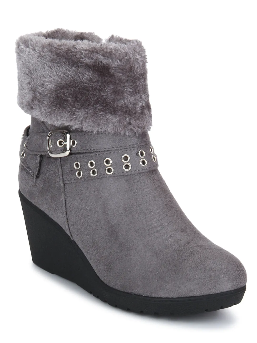 Grey Micro Rivet Fur Down Collar Ankle Boots