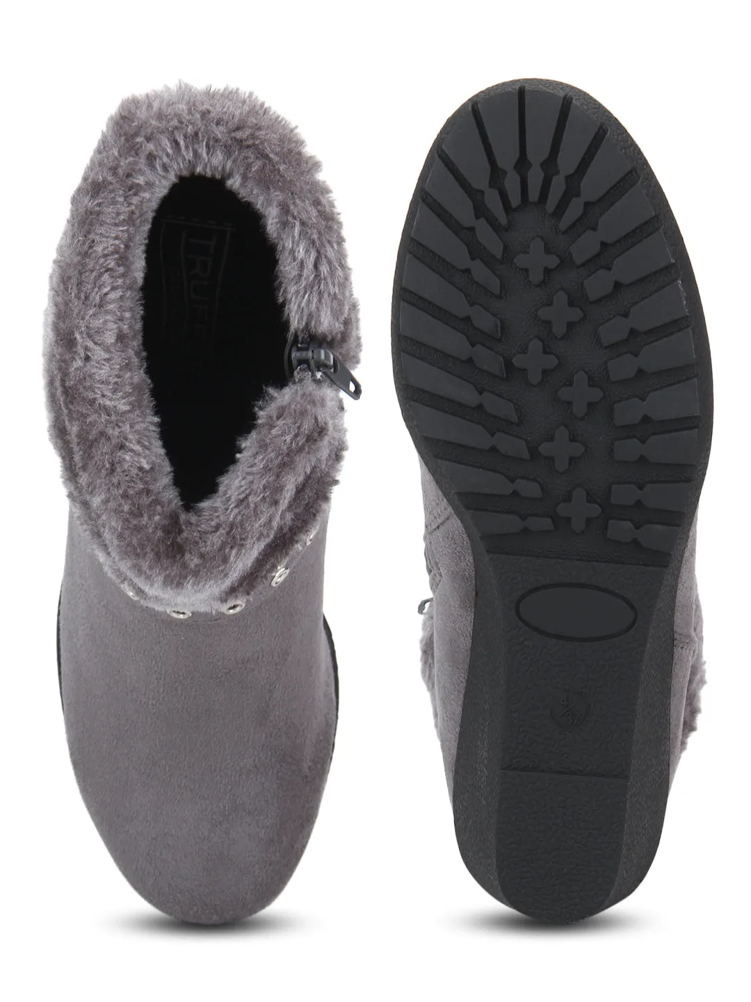 Grey Micro Rivet Fur Down Collar Ankle Boots