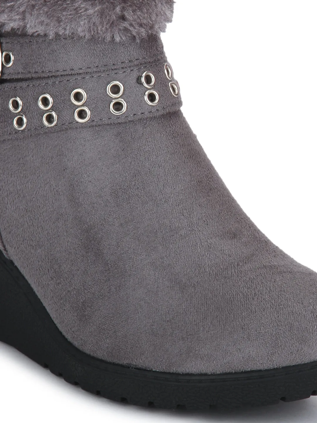 Grey Micro Rivet Fur Down Collar Ankle Boots