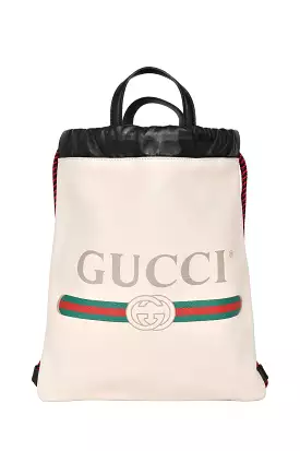 Gucci White Leather Logo Small Drawstring Backpack