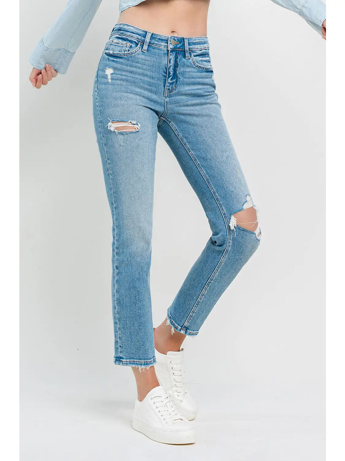 High Rise Crop Distressed Slim Straight Jeans - Flying Monkey