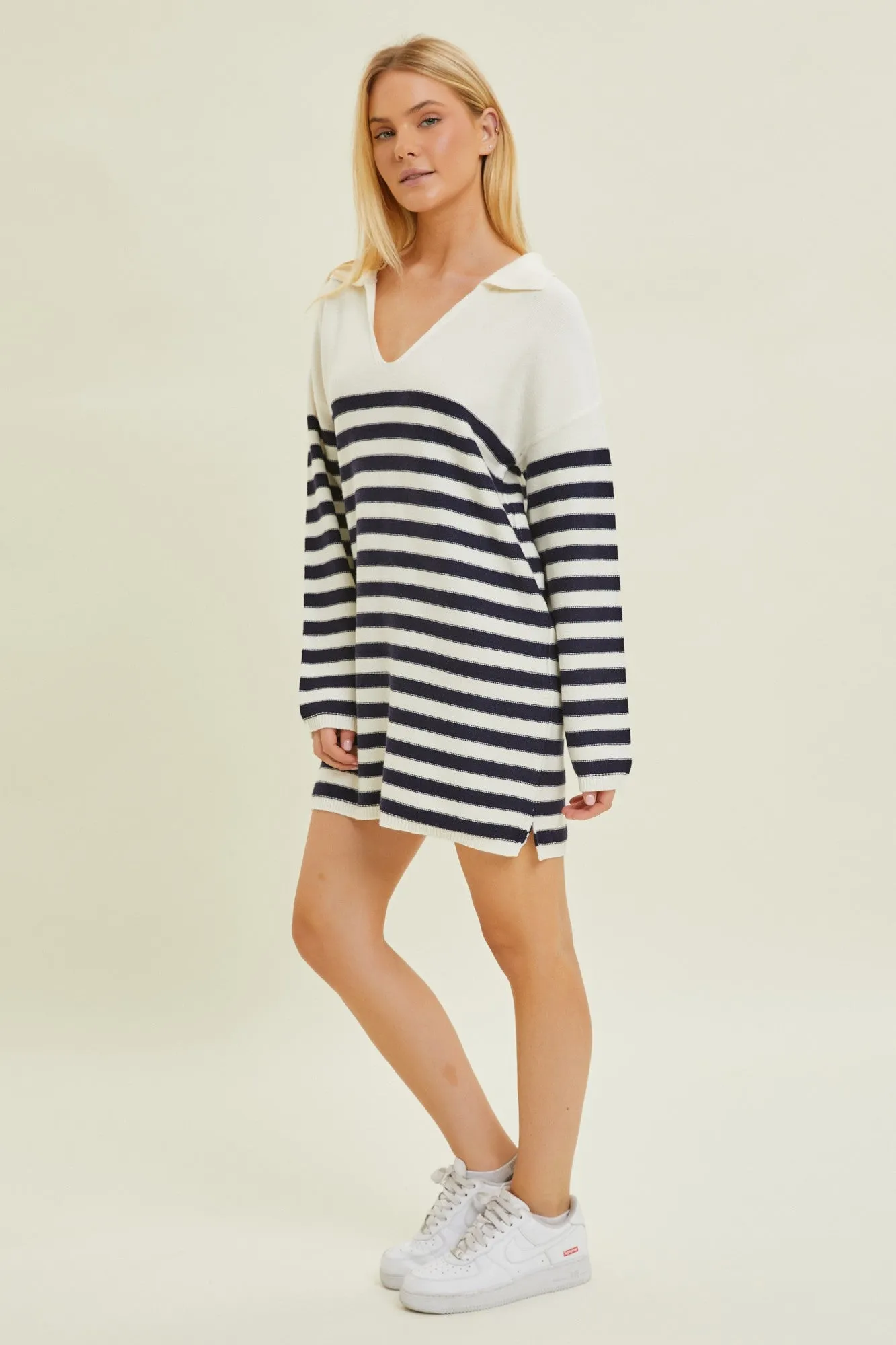 Ivory Striped Collared Long Sleeve Sweater Dress