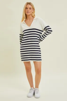 Ivory Striped Collared Long Sleeve Sweater Dress