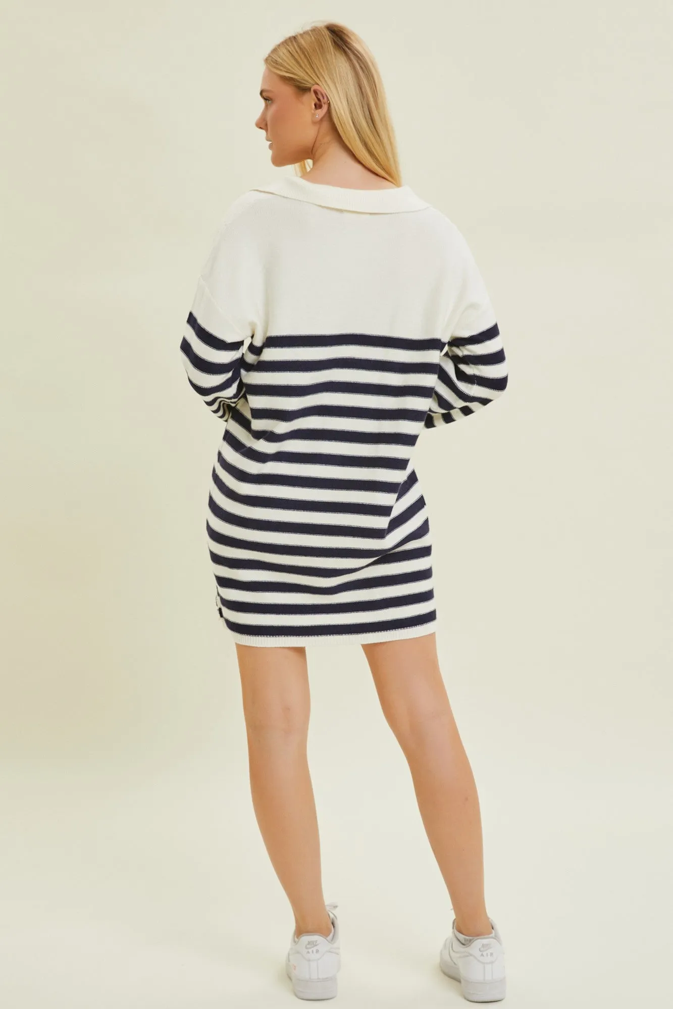 Ivory Striped Collared Long Sleeve Sweater Dress