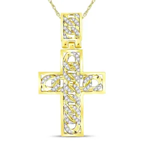 Keene Jewelers 10kt Yellow Gold Mens Round Diamond Curb Link Cross Charm Pendant 5/8 Cttw