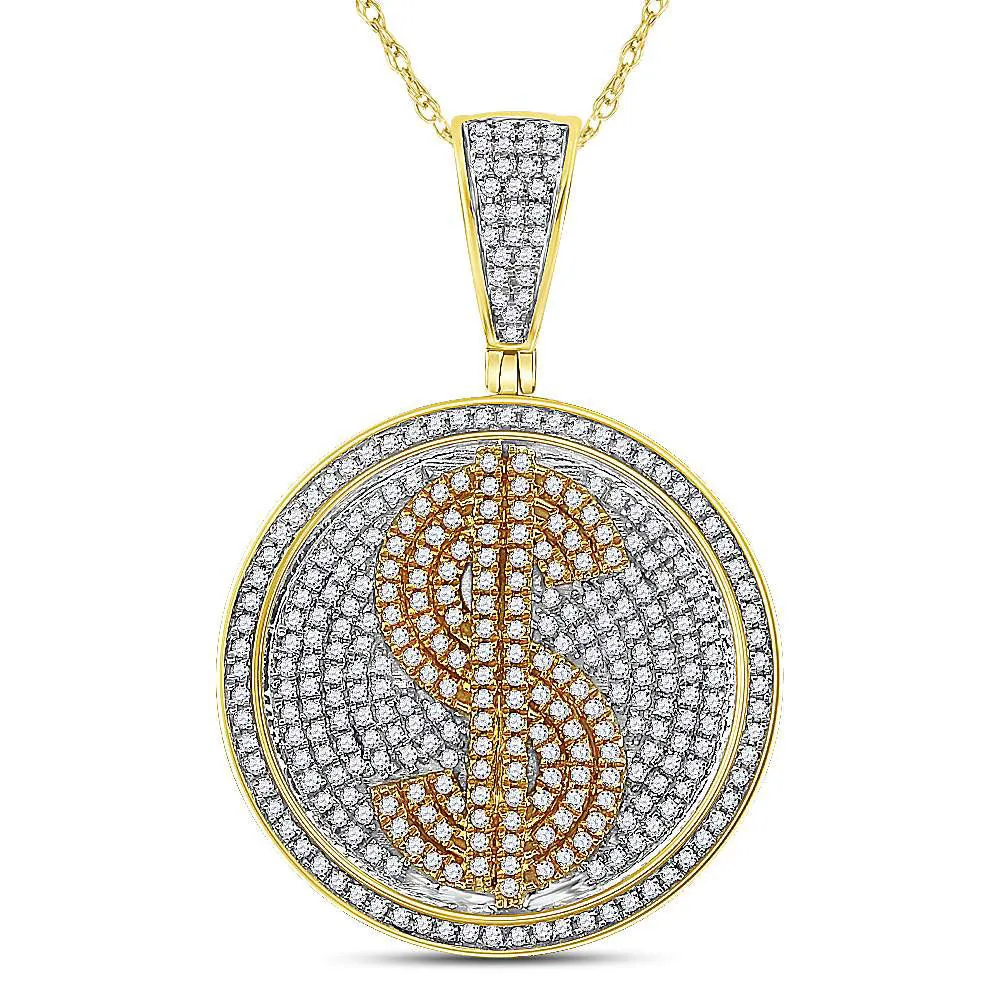 Keene Jewelers 10kt Yellow Gold Mens Round Diamond Dollar Sign Circle Charm Pendant 1-5/8 Cttw