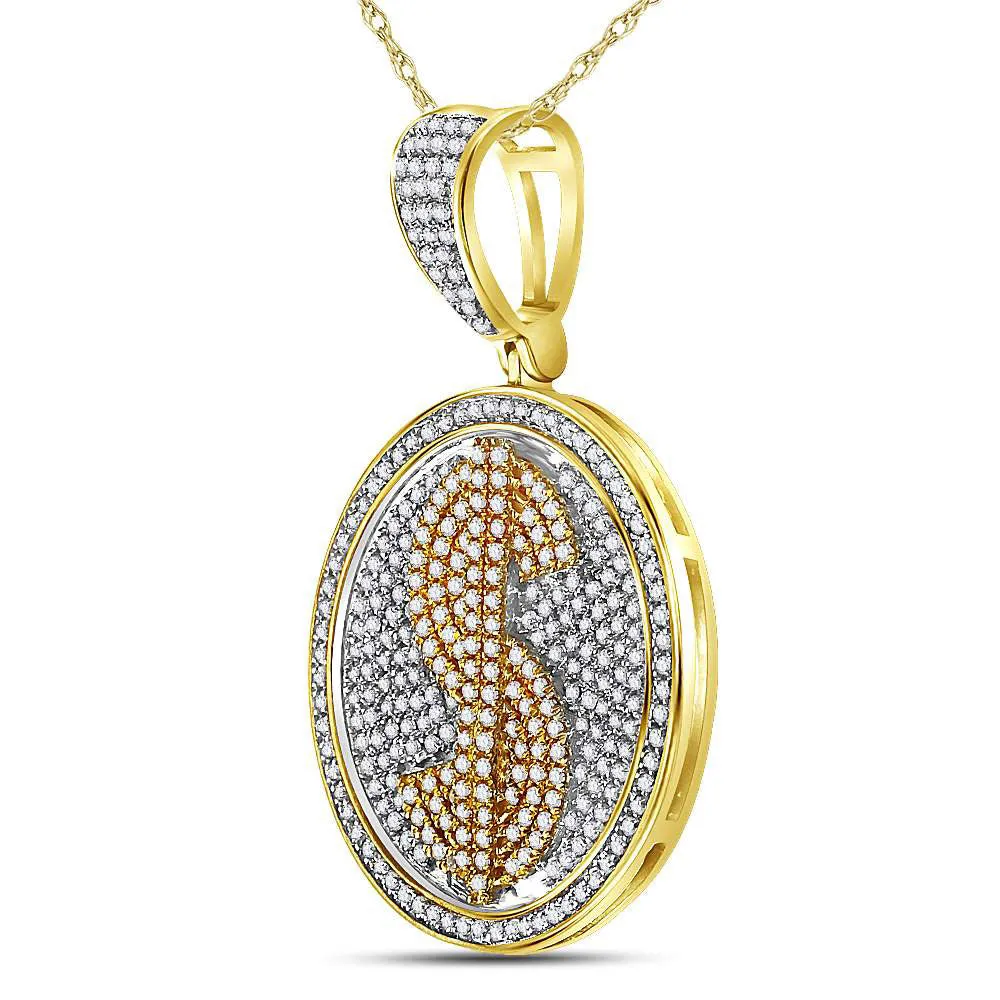 Keene Jewelers 10kt Yellow Gold Mens Round Diamond Dollar Sign Circle Charm Pendant 1-5/8 Cttw