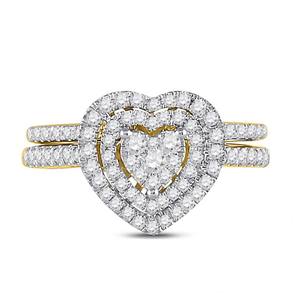 Keene Jewelers 10kt Yellow Gold Round Diamond Heart Bridal Wedding Ring Band Set 5/8 Cttw