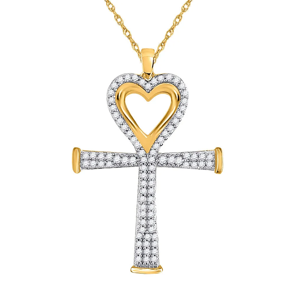 Keene Jewelers 10kt Yellow Gold Womens Round Diamond Ankh Cross Heart Pendant 1/5 Cttw