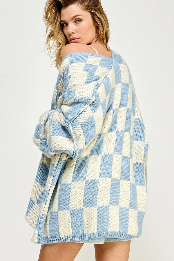 Light Blue Checkered Print Oversized Cardigan