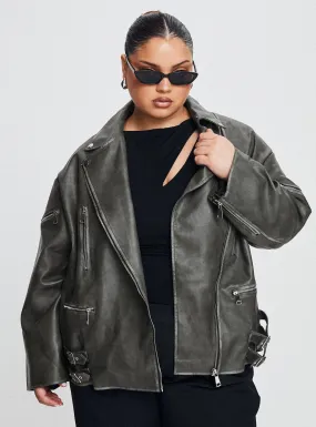 Magnets Faux Leather Jacket Washed Charcoal Curve