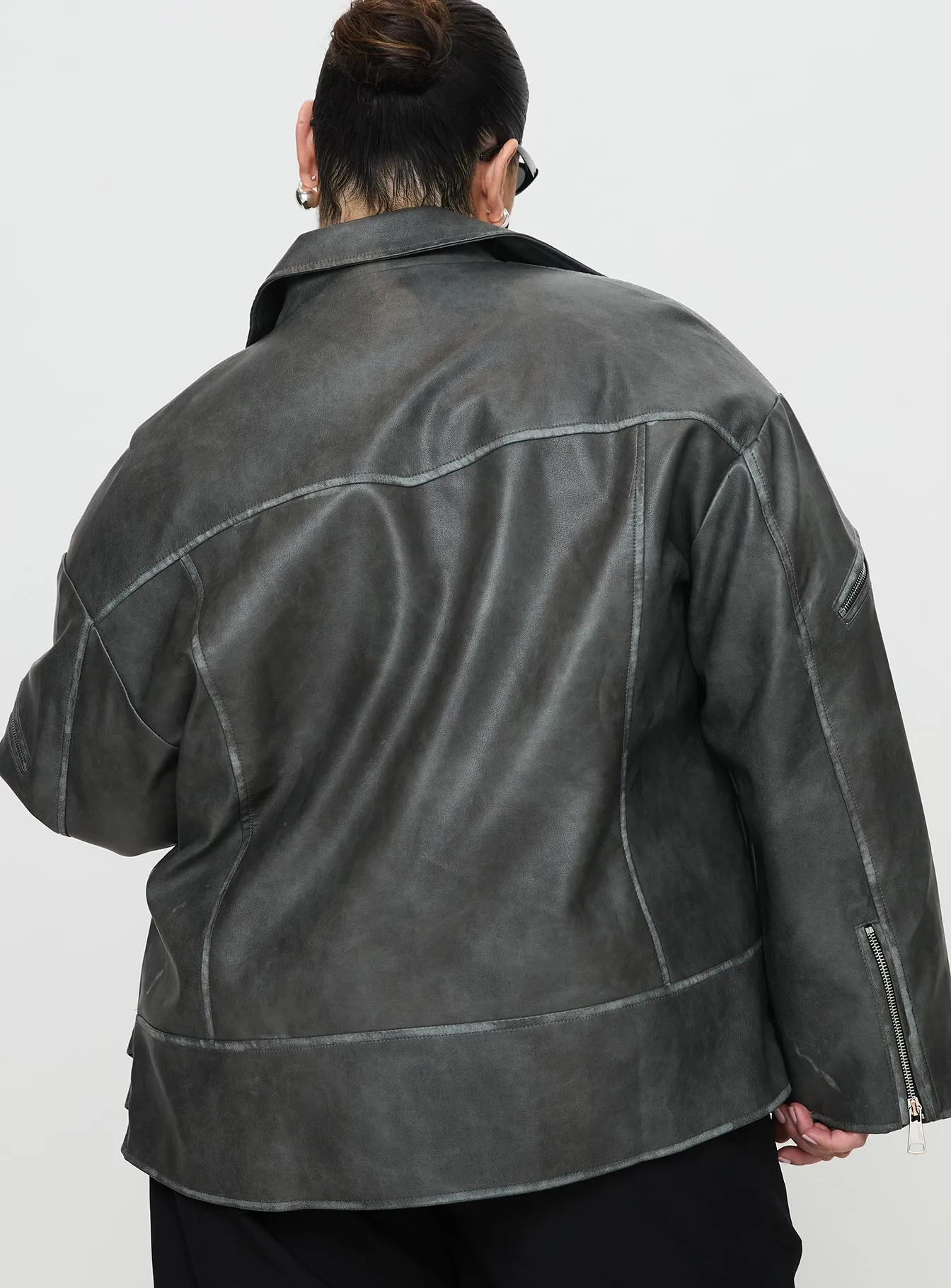 Magnets Faux Leather Jacket Washed Charcoal Curve