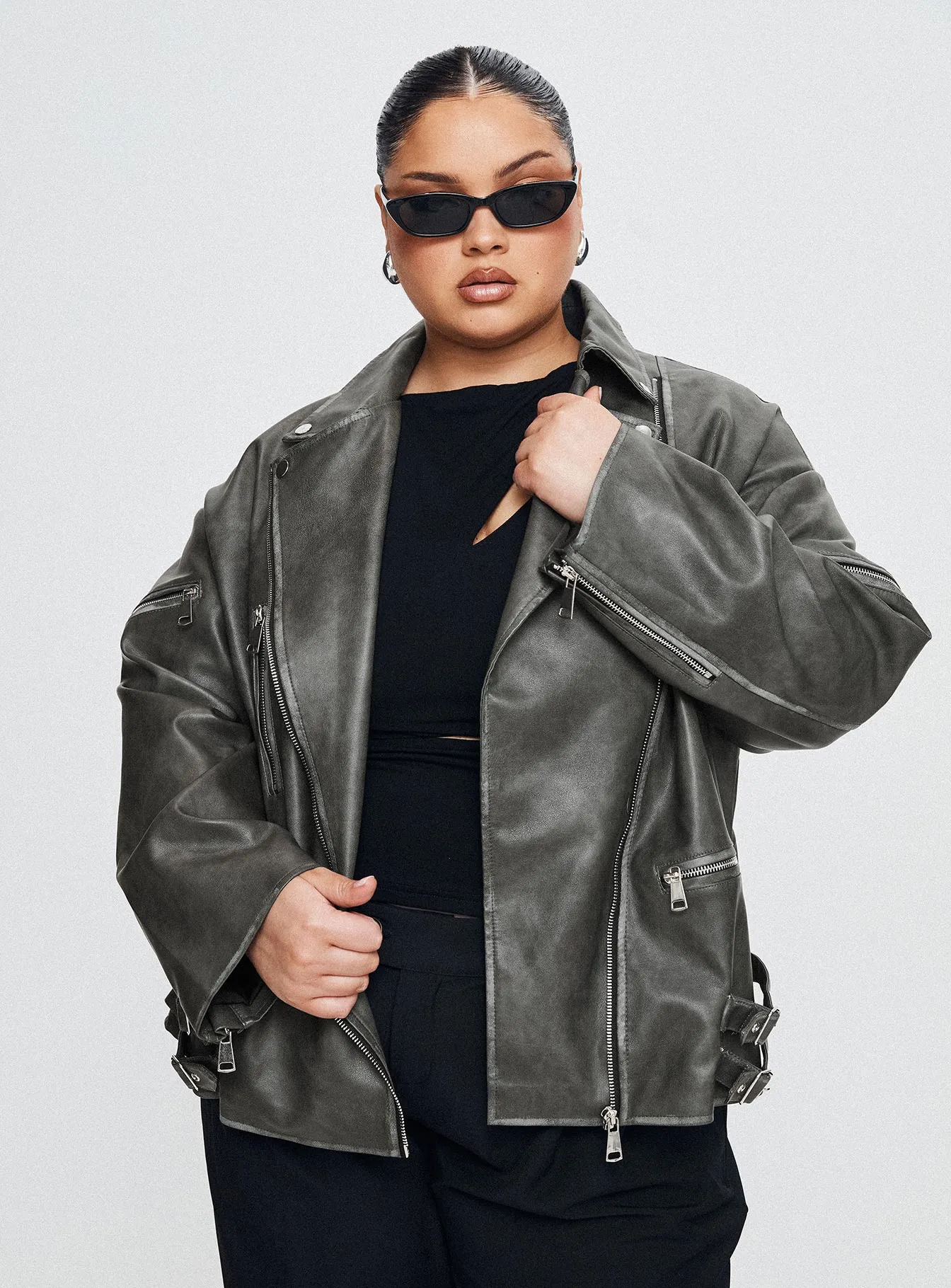 Magnets Faux Leather Jacket Washed Charcoal Curve