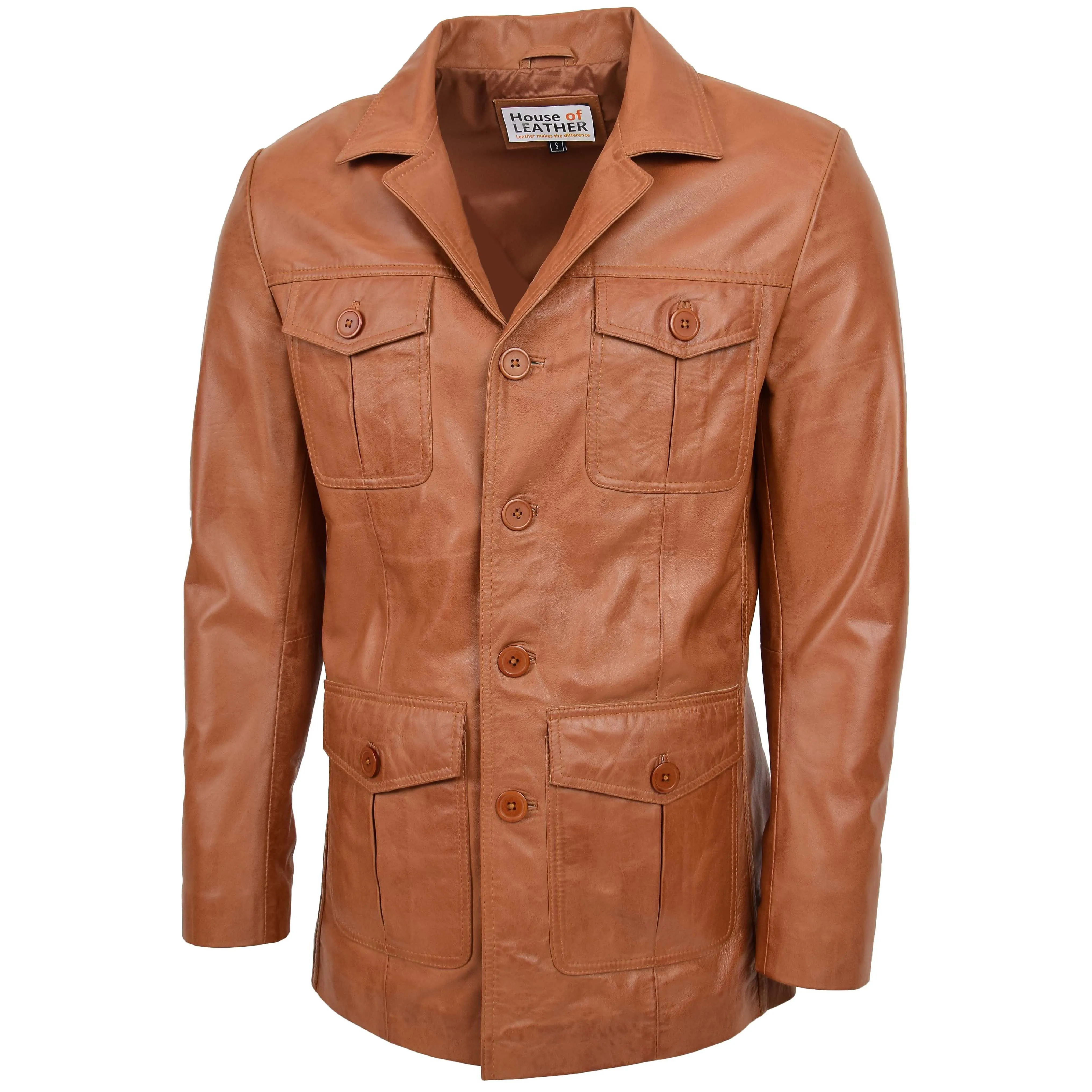 Mens Button Fastening Reefer Leather Jacket Jerry Tan