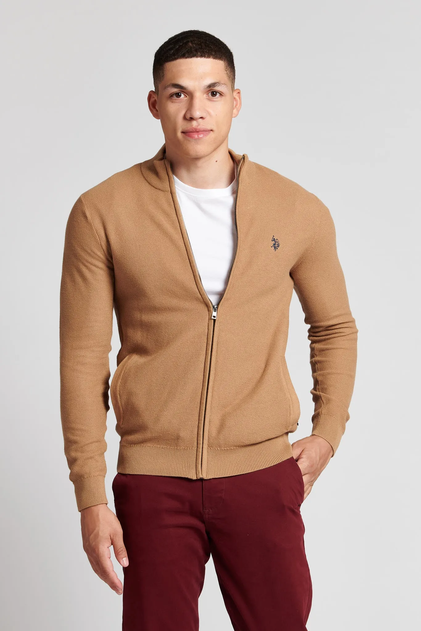 Mens Honeycomb Knit Zip Cardigan in Tigers Eye