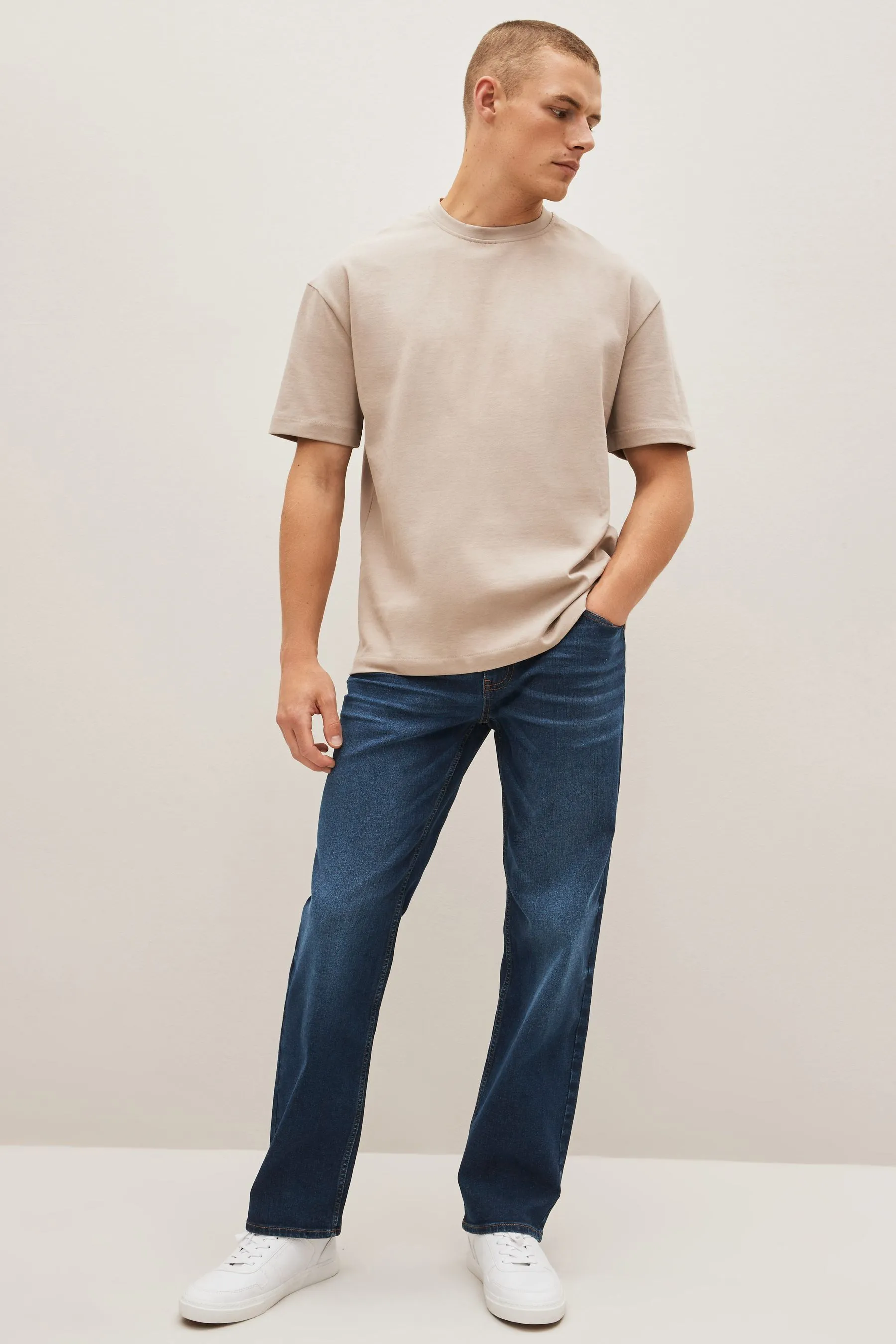 Mid Blue Straight Fit Essential Stretch Jeans